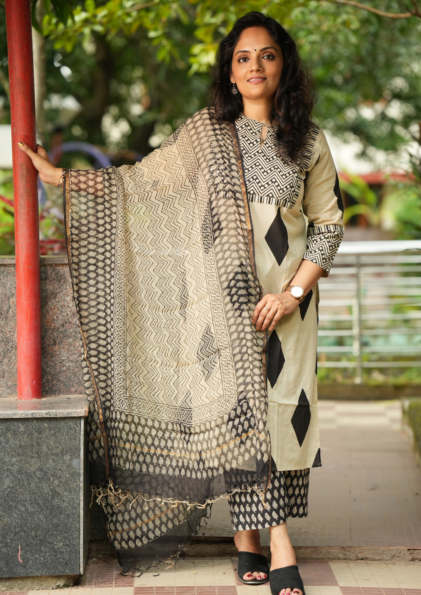 Beige and Black Geometric Print Patch Hand Block Printed Kurti SET