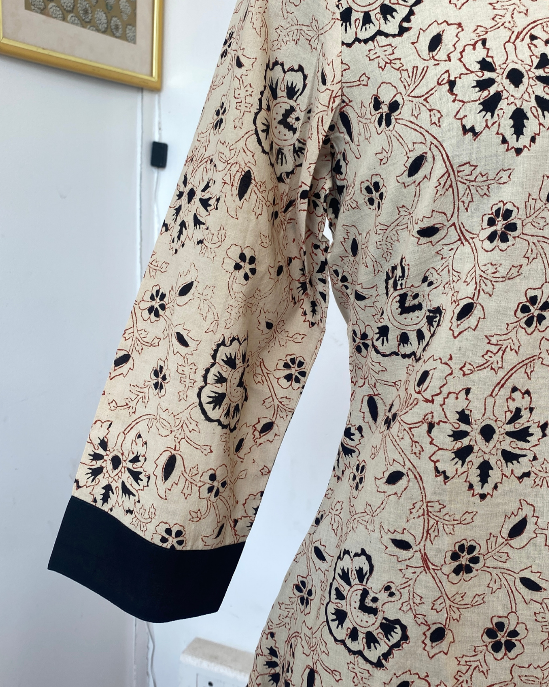BEIGE AND BLACK FLORAL PRINTED PATCH ROUND NECK WITH SLIT KURTI