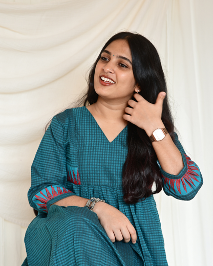 PEACOCK BLUE SOUTH COTTON GATHERED DRESS