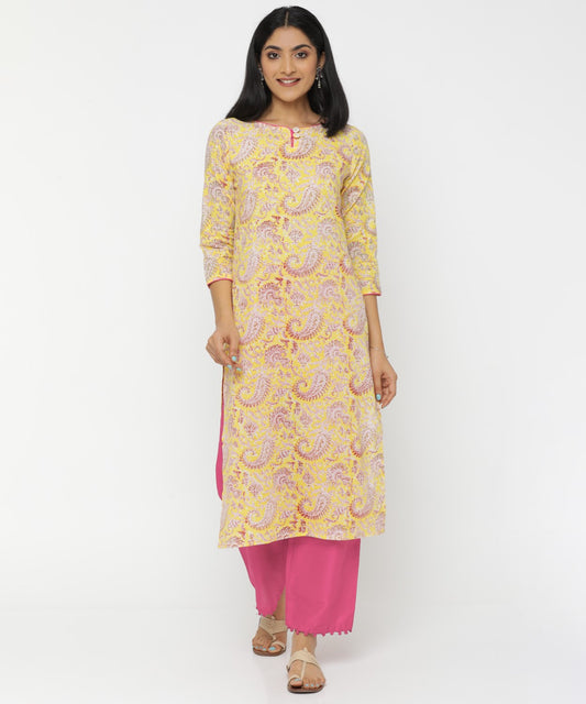 Yellow Floral Hand Block Printed Kurti