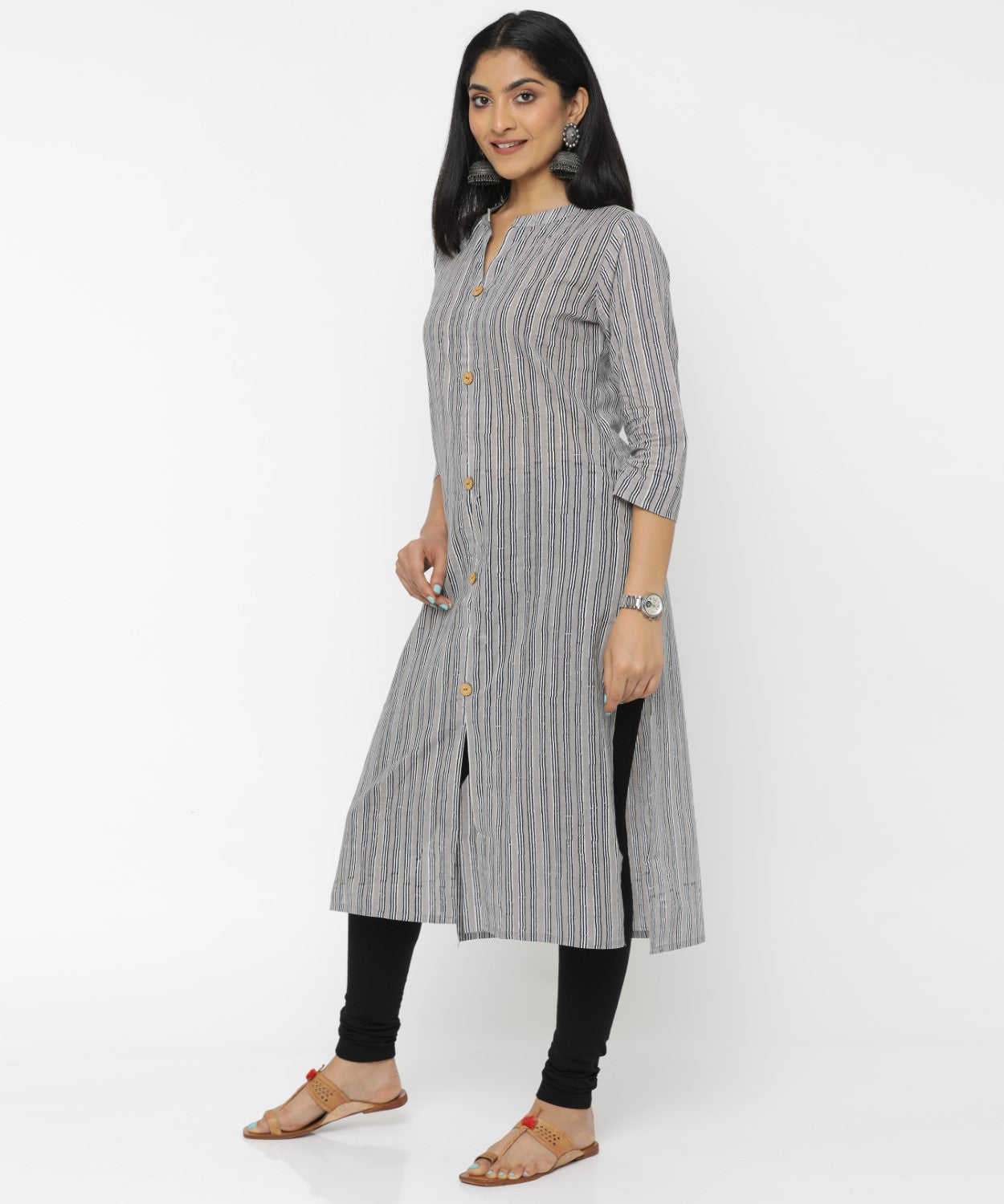 Grey Striped Hand Block Printed Kurti