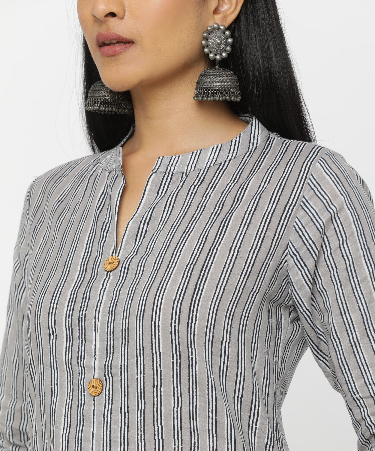 Grey Striped Hand Block Printed Kurti