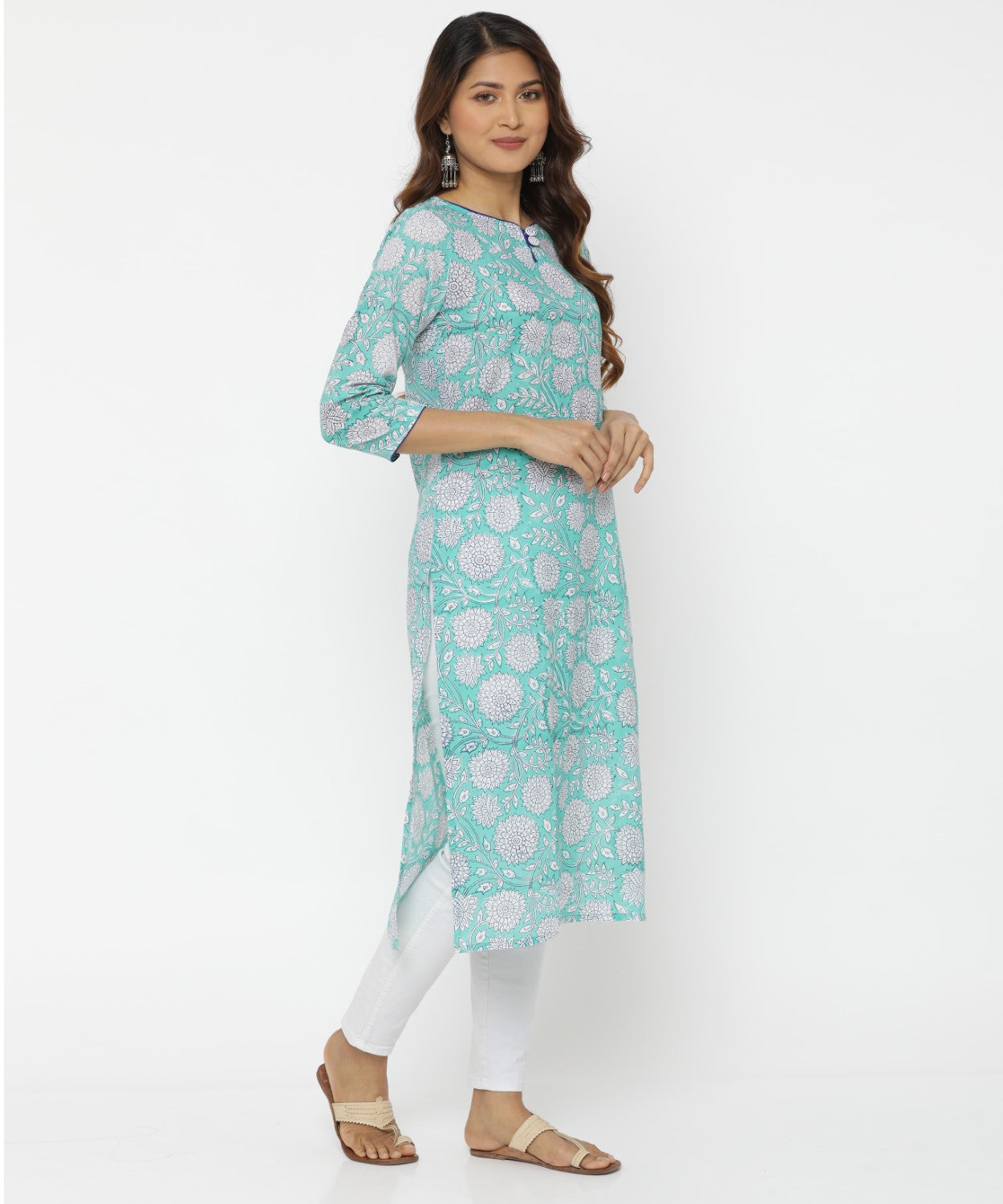 Turquoise Colour Floral Hand Block Printed Kurti