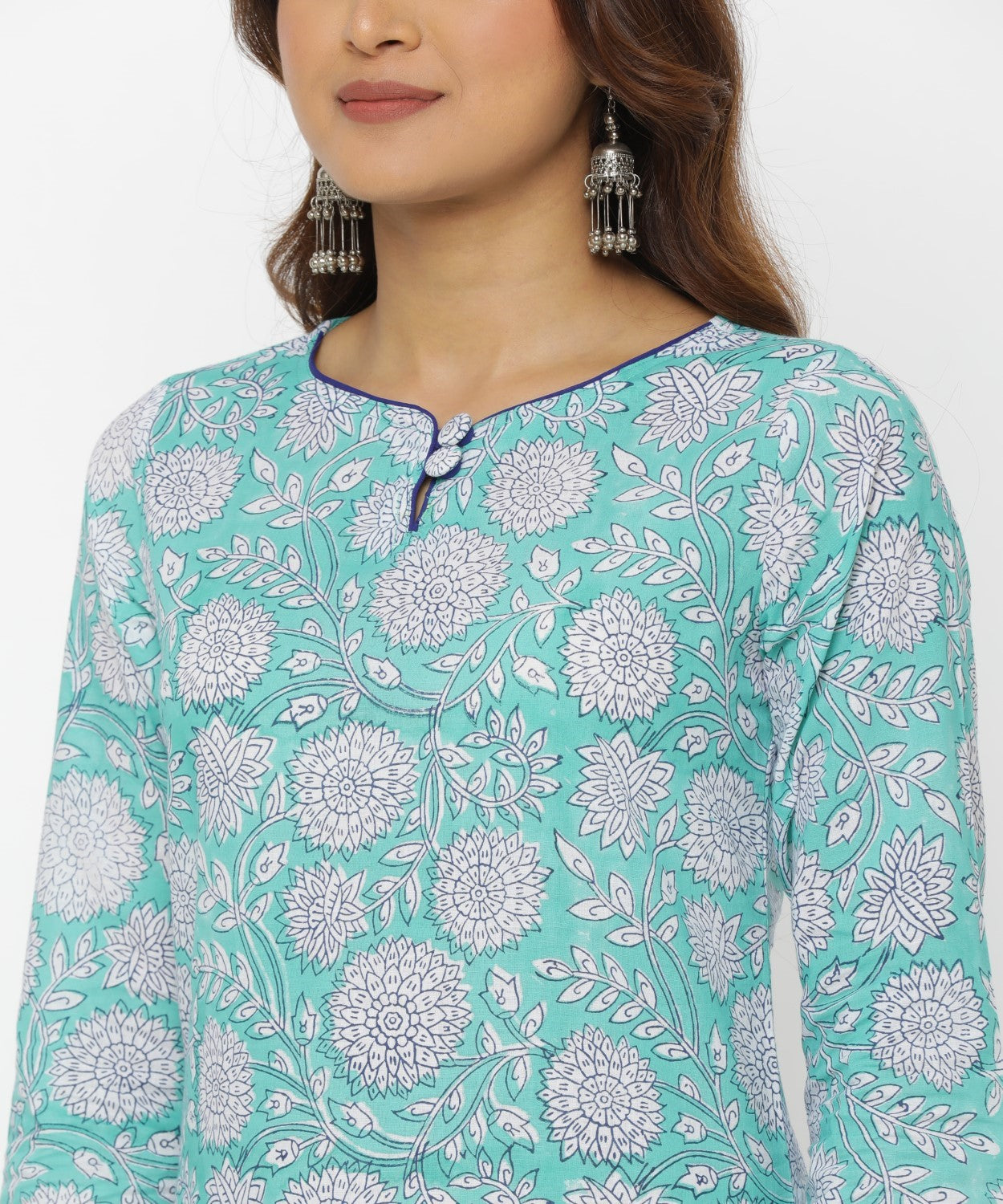 Turquoise Colour Floral Hand Block Printed Kurti