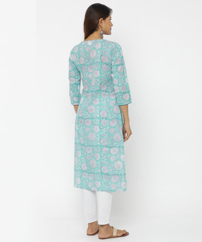 Turquoise Colour Floral Hand Block Printed Kurti