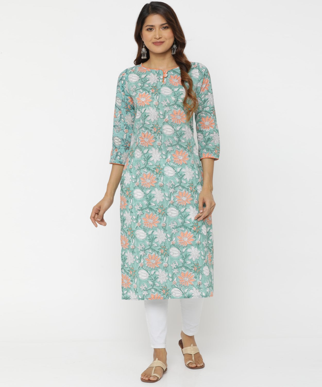 Seagreen Floral Hand Block Printed Kurti