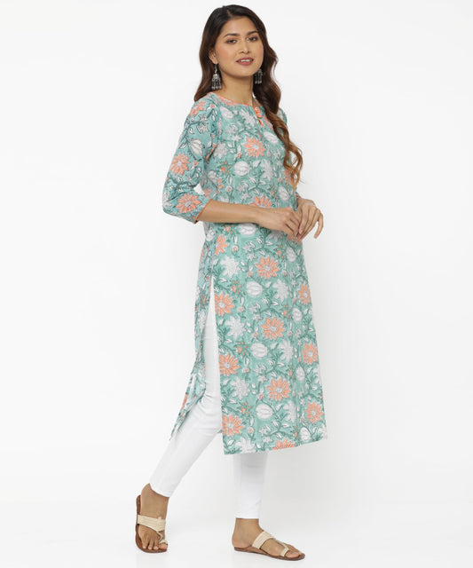 Seagreen Floral Hand Block Printed Kurti