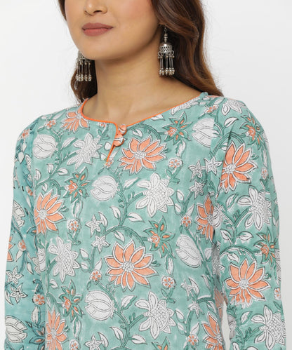 Seagreen Floral Hand Block Printed Kurti