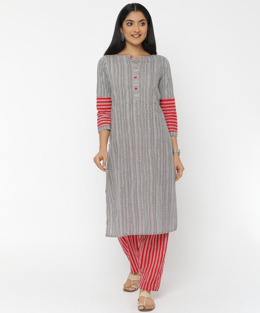 Grey Striped Long Patch Hand Block Printed Kurti