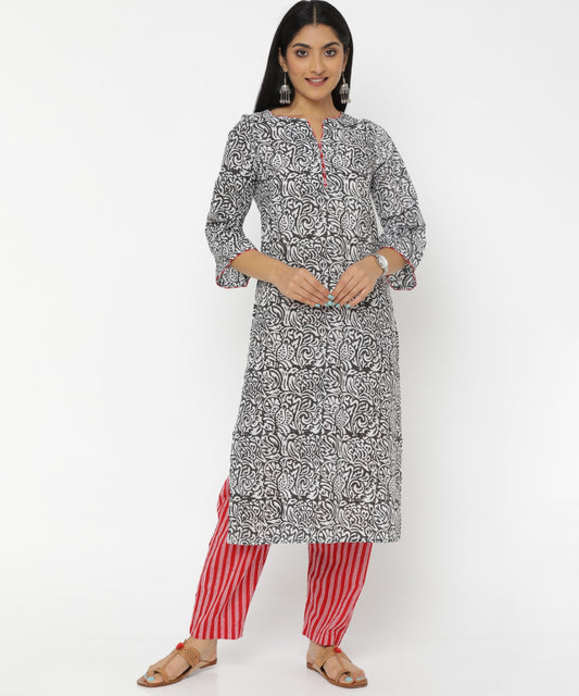 Black Floral Hand Block Printed Kurti