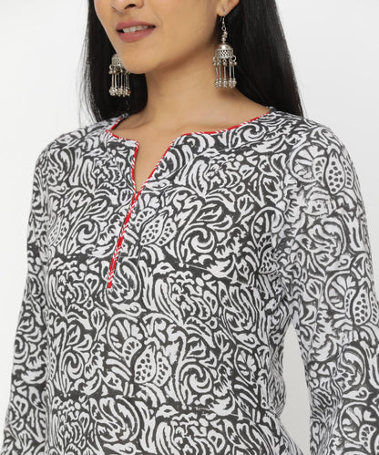 Black Floral Hand Block Printed Kurti