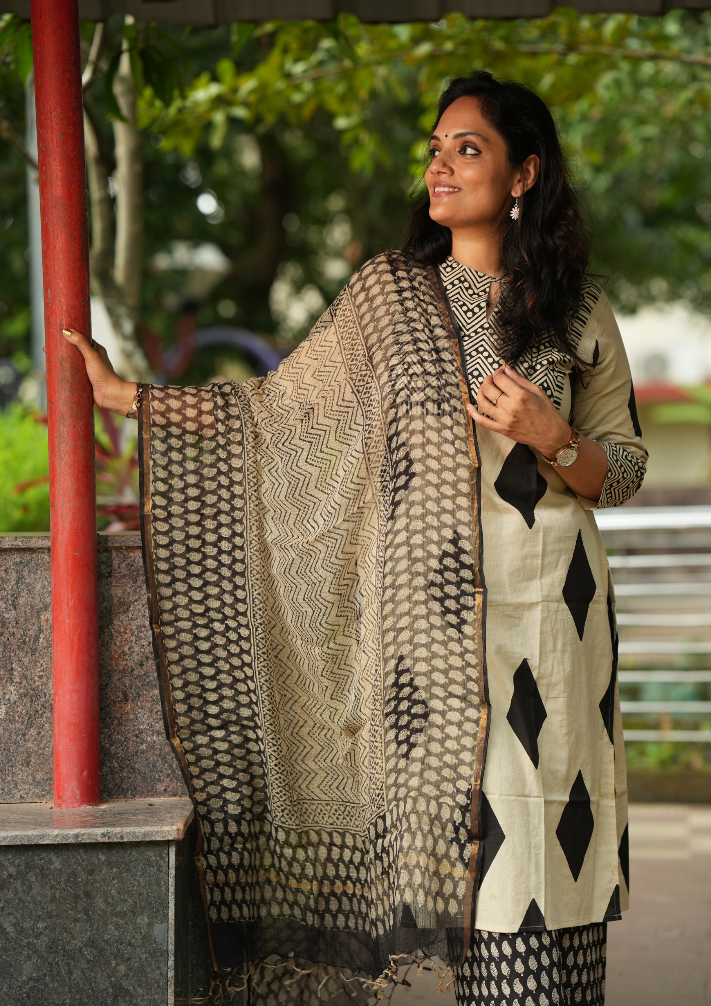 Beige and Black Geometric Print Patch Hand Block Printed Kurti SET