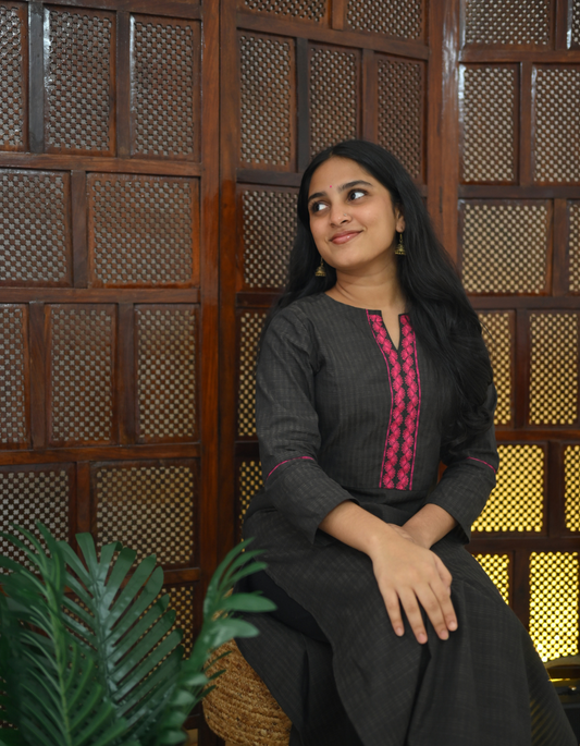 Charcoal Black  South Cotton Embroidered Kurti