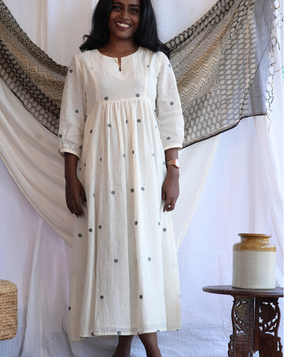 BENGAL JAMDANI HANDLOOM COTTON POLCADOT GATHERED DRESS