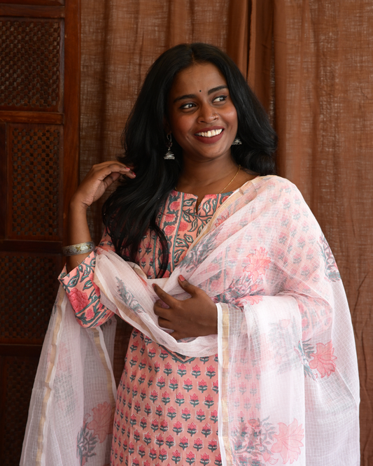 "NIRAM" Light Peach Sanganeri Hand block printed cotton kurti set with Kota Doriya dupatta