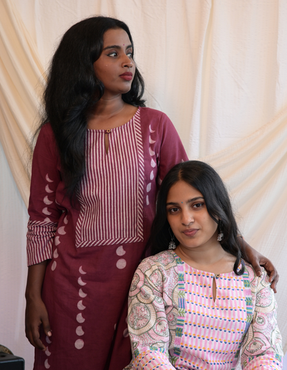 Kadha Cherry Pink Dabu Printed Patch Kurti