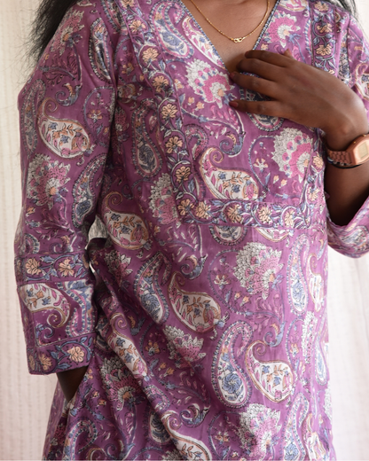 "NAIRA" Purple Floral Sanganeri  printed Cotton Kurti with Pant