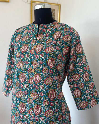 Bottle Green Kalamakari Collar Neck Hand Block Printed Kurti