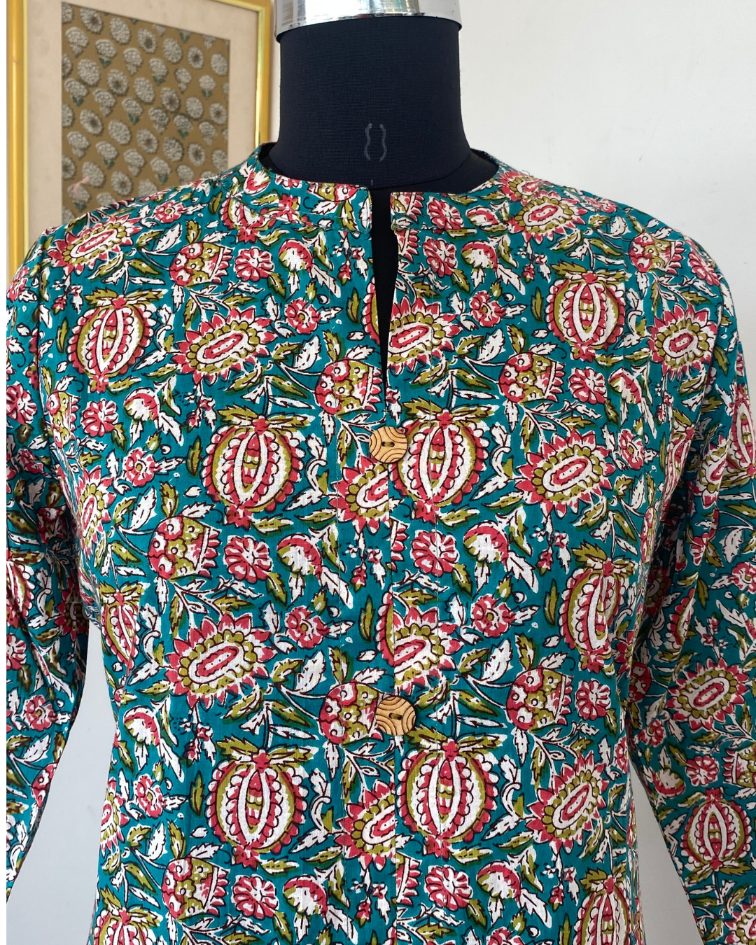 Bottle Green Kalamakari Collar Neck Hand Block Printed Kurti