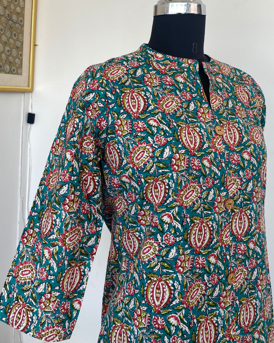 Bottle Green Kalamakari Collar Neck Hand Block Printed Kurti