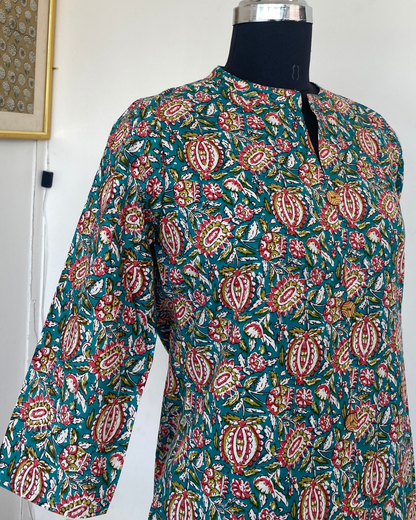 Bottle Green Kalamakari Collar Neck Hand Block Printed Kurti