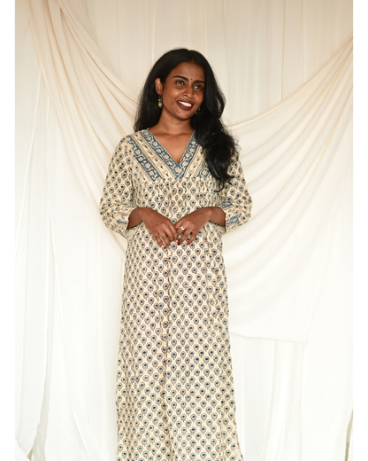 Gulmohar Beige and Blue Handblock Printed Gatherd A-line dress kurti