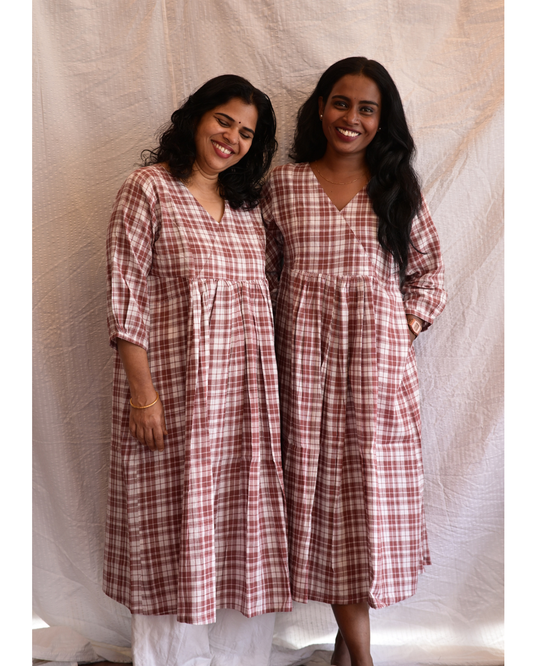 BENGAL HANDLOOM COTTON BROWN AND WHITE CHECK GATHERED DRESS