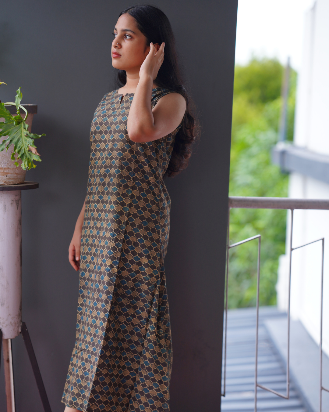 OLIVE GREEN AJRAKH A-LINE DRESS