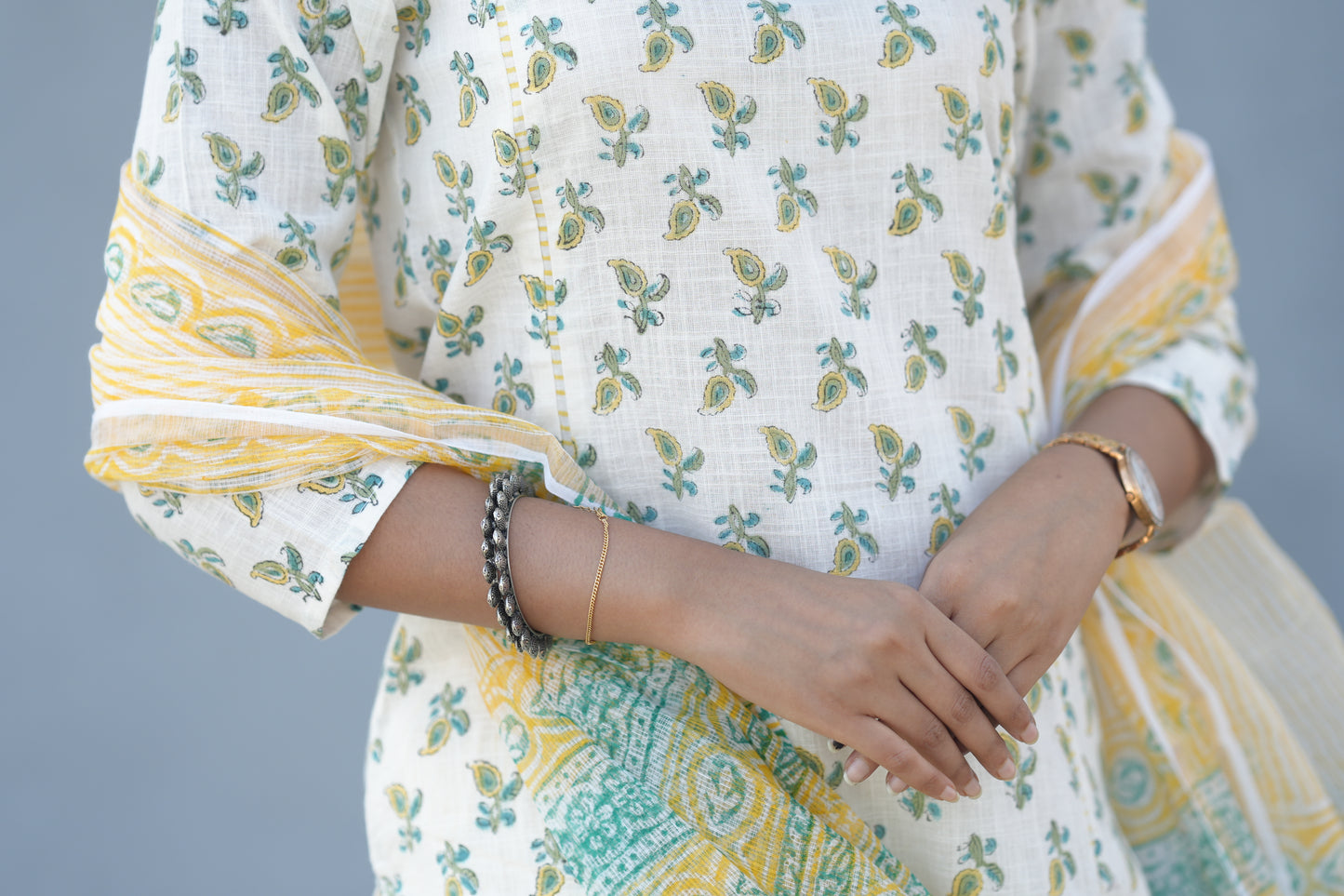 White and Yellow Paisley Print V Neck Kurti Set With Dupatta