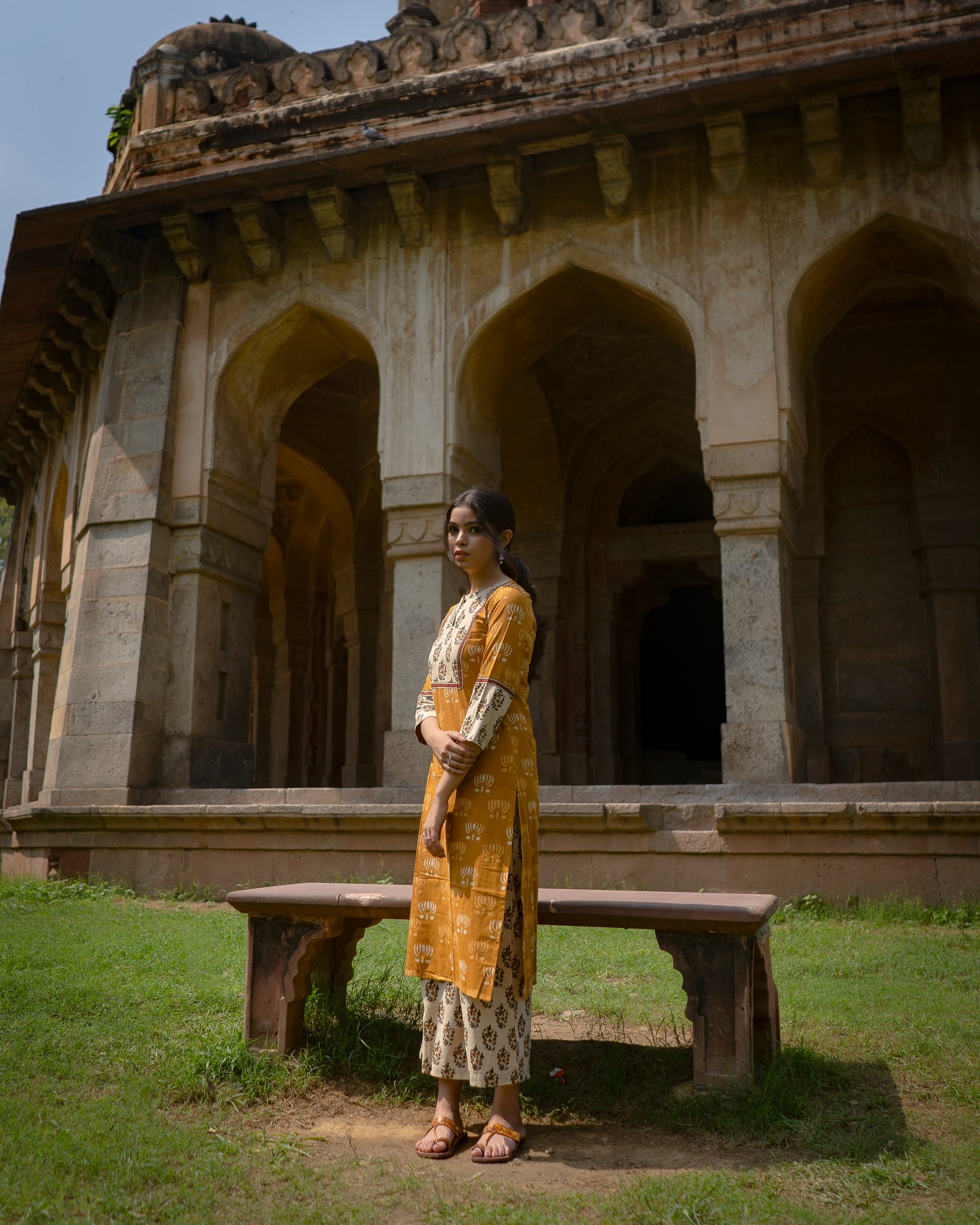 Mustard Yellow Patch Hand Block Printed Kurti