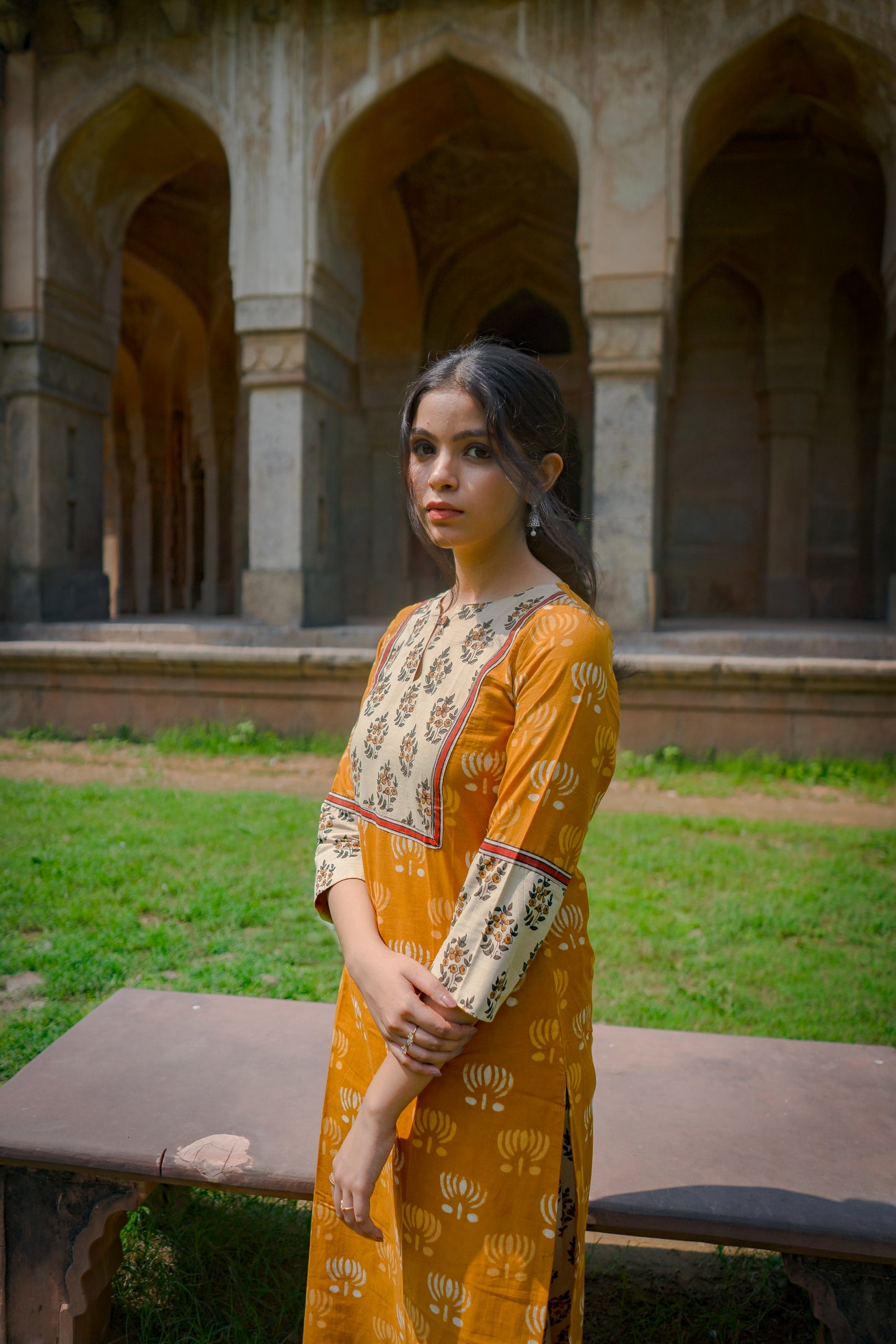 Mustard Yellow Patch Hand Block Printed Kurti