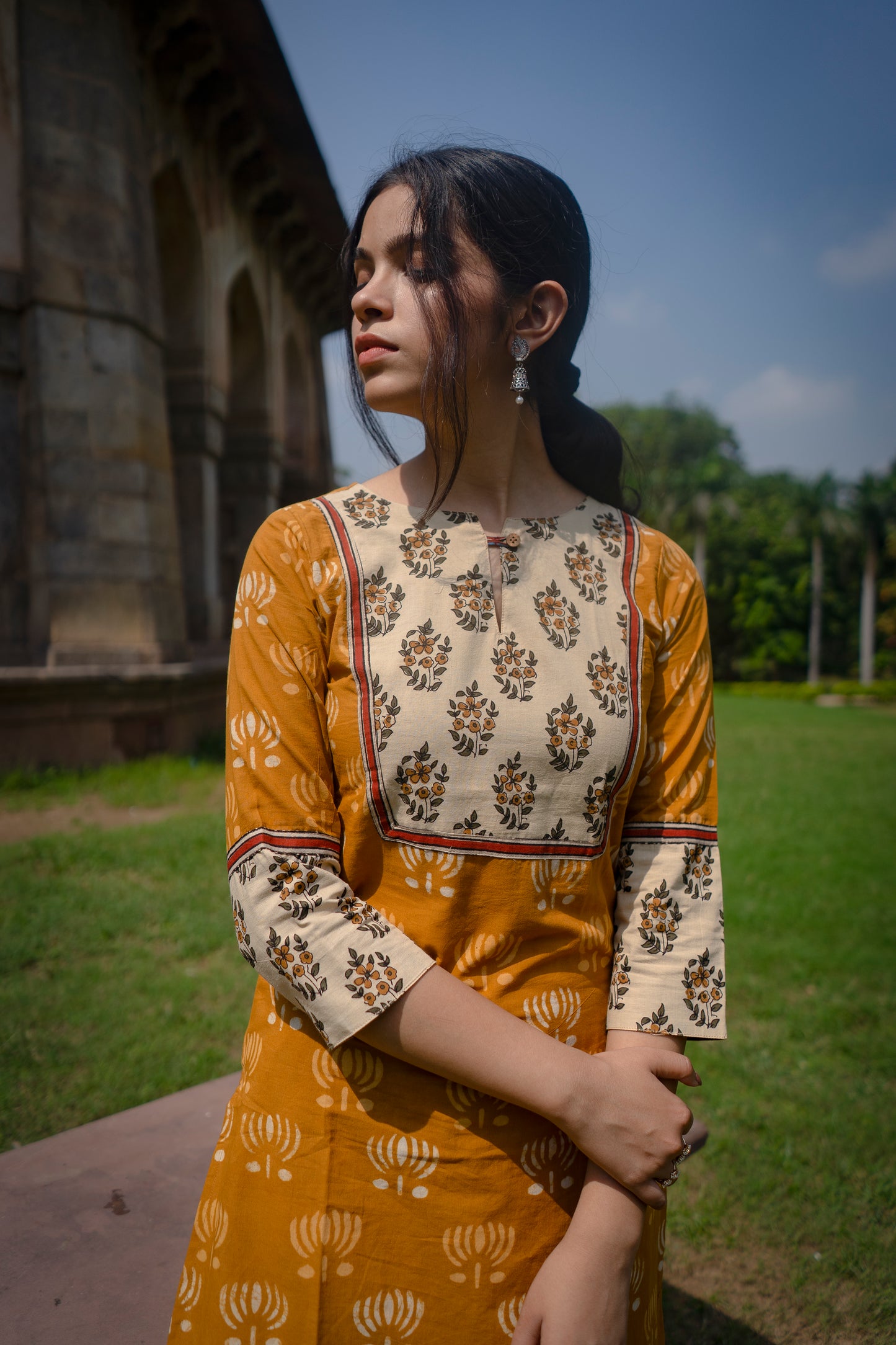 Mustard Yellow Patch Hand Block Printed Kurti