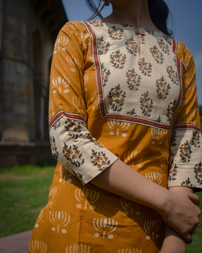 Mustard Yellow Patch Hand Block Printed Kurti