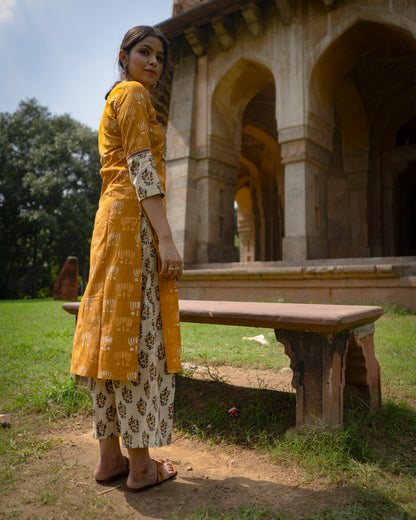 Mustard Yellow Patch Hand Block Printed Kurti