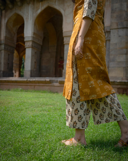 Mustard Yellow Patch Hand Block Printed Kurti