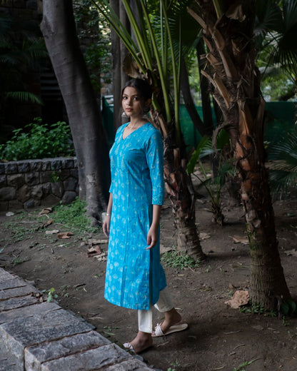 Blue Hand Block Printed Angraka Kurti