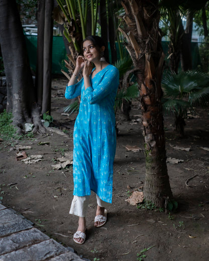 Blue Hand Block Printed Angraka Kurti