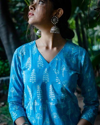 Blue Hand Block Printed Angraka Kurti