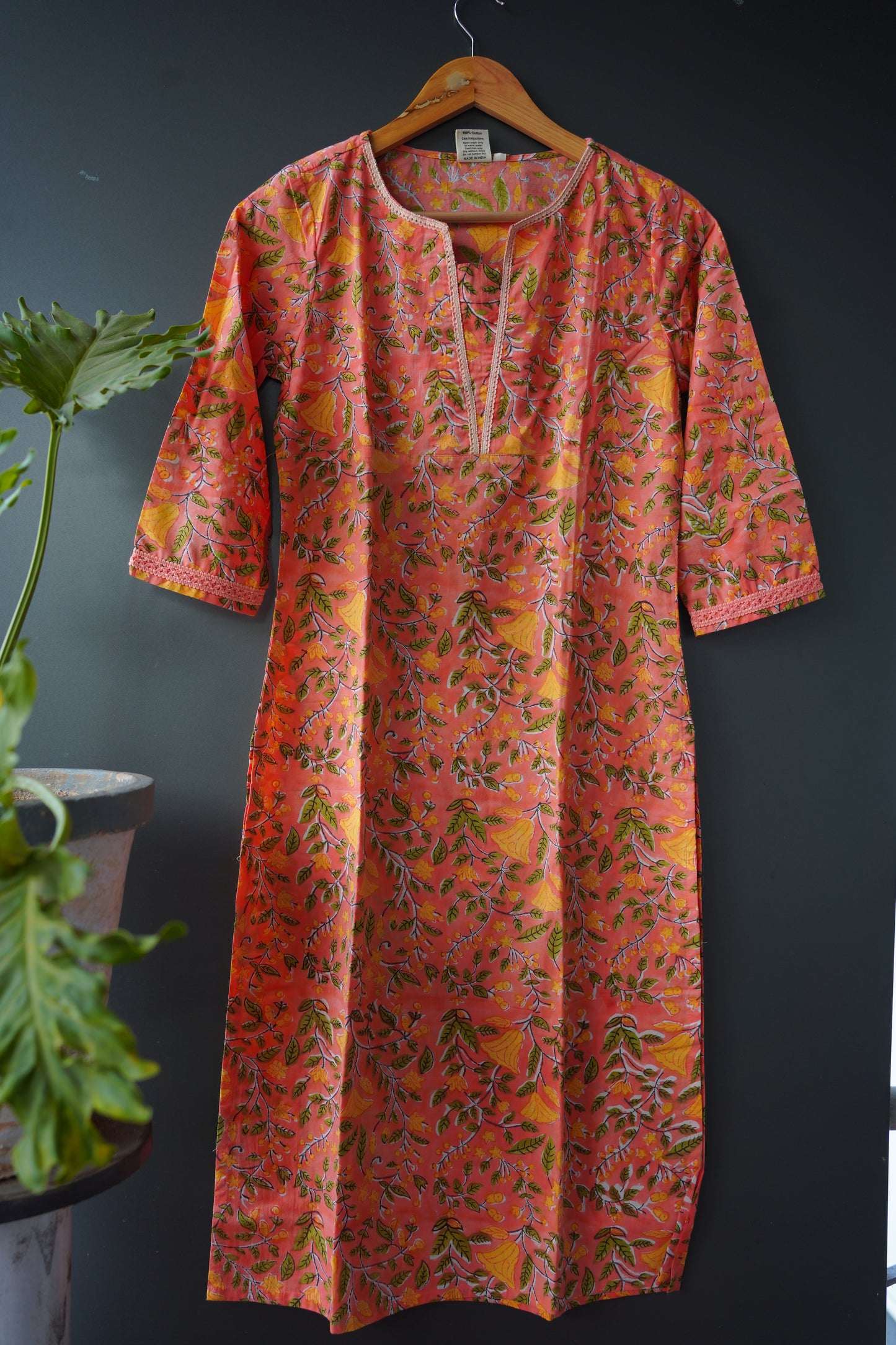 Lace Orange Hand Block Printed Kurti