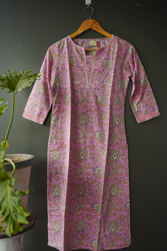 Pink Lace Floral Hand Block Printed  Kurti