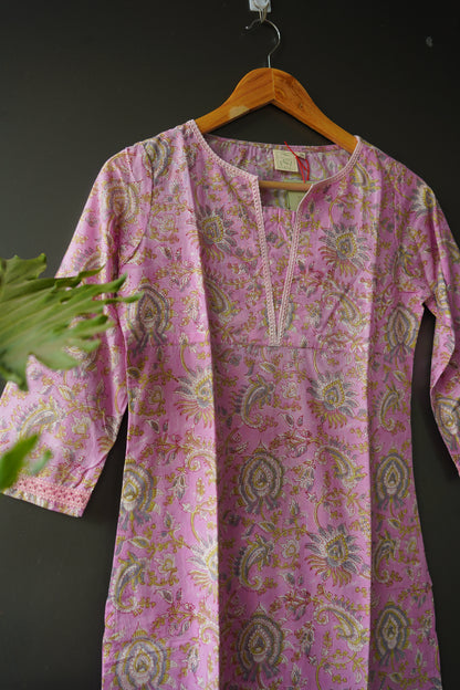 Pink Lace Floral Hand Block Printed  Kurti