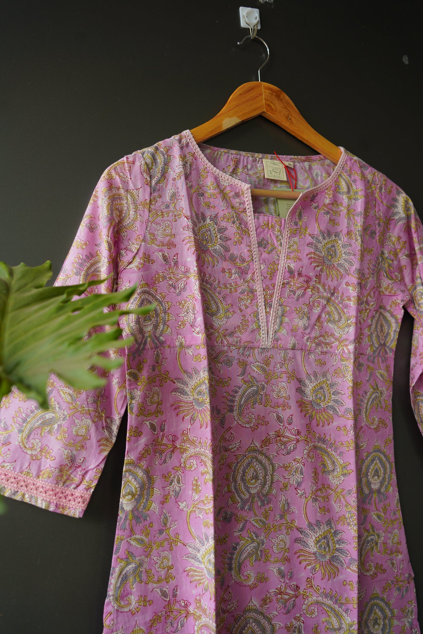 Pink Lace Floral Hand Block Printed  Kurti