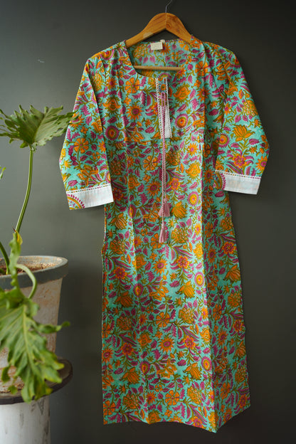 Pastel Green Floral Hand Block Printed Kurti