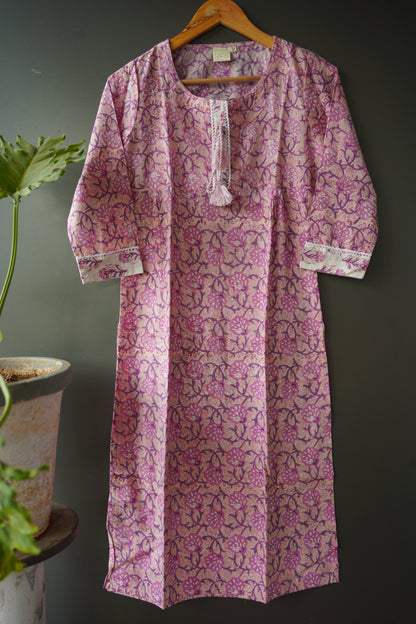 Lace Purple Floral Hand Block Printed Kurti