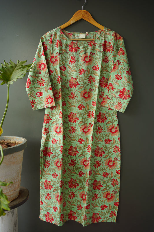 Pastel Green  Floral Hand Block Printed Kurti