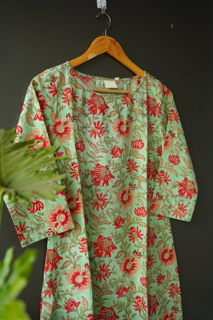 Pastel Green  Floral Hand Block Printed Kurti