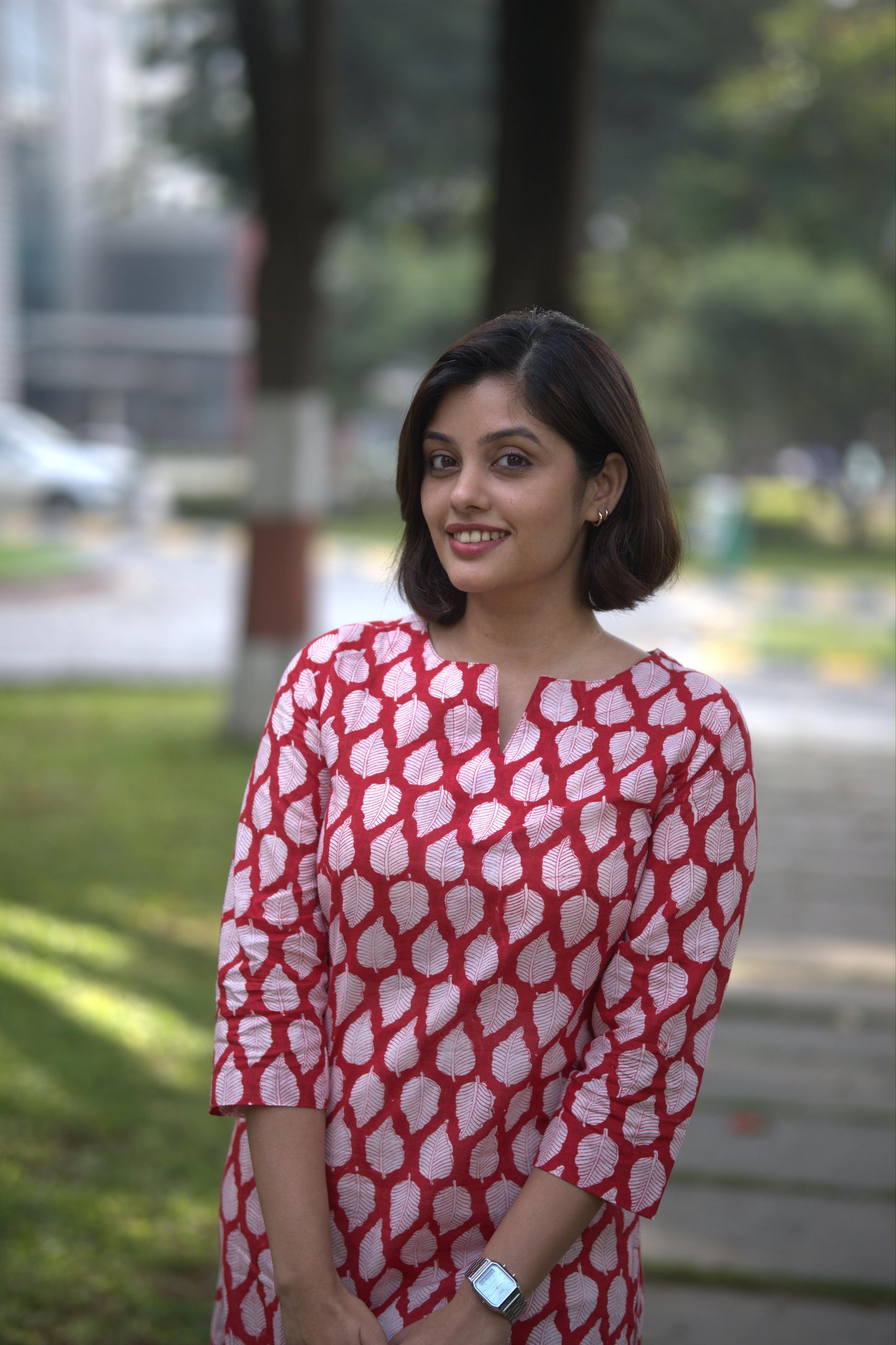 Red and white Sanganeri Printed Slit Neck Kurti