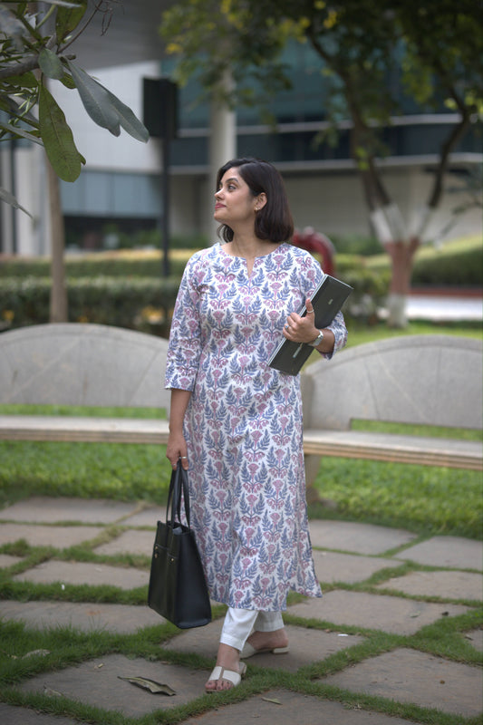 White Pink and gray butta Sanganeri Printed Slit Neck Kurti