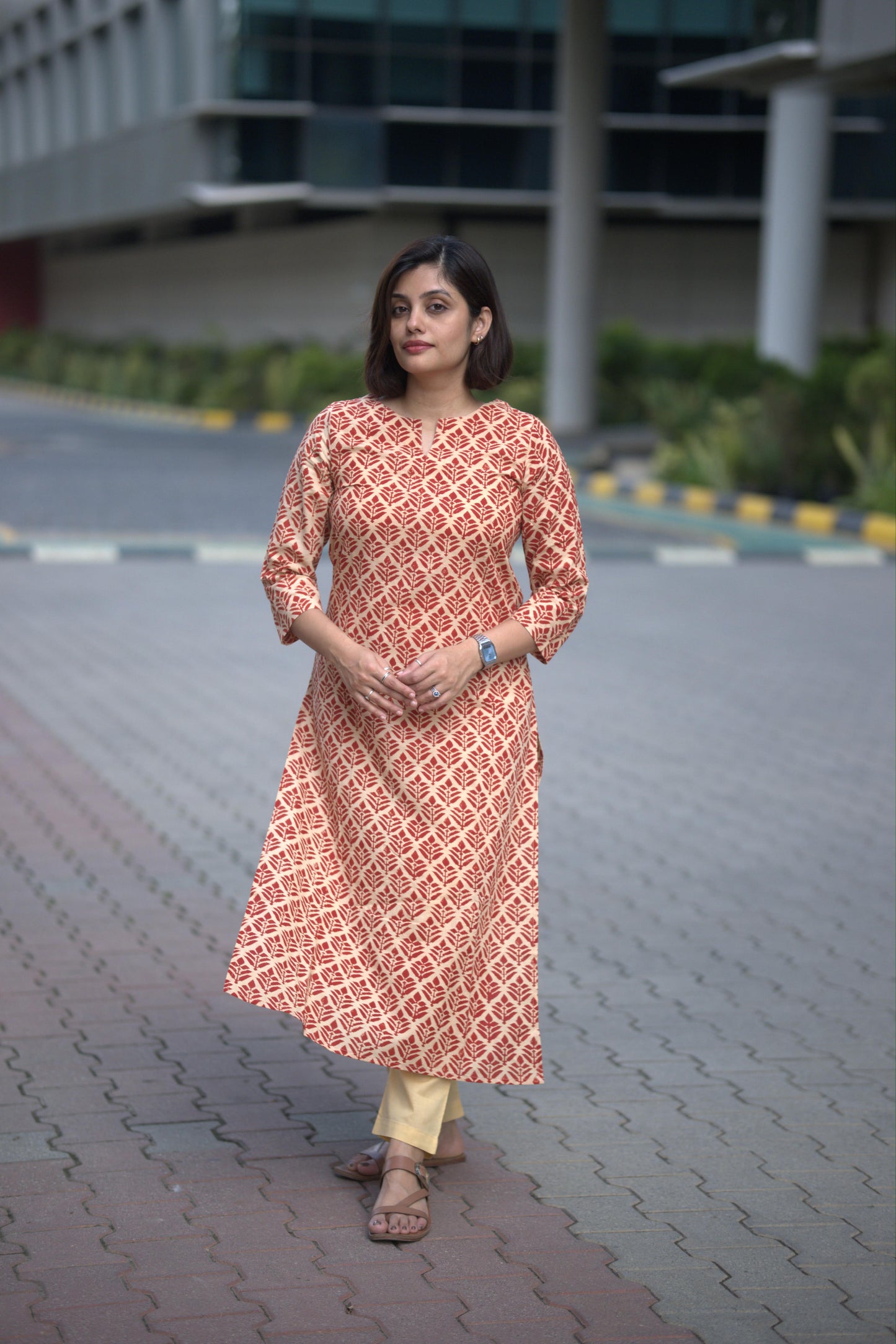 Beige and Red Sanganeri Printed Slit Neck Kurti