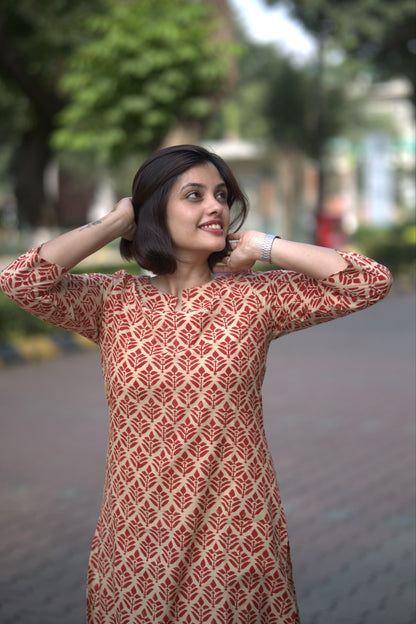 Beige and Red Sanganeri Printed Slit Neck Kurti